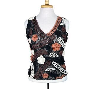 YY Boutique Brand V-Neck Lace Top with Crochet Appliqués Tagged L Fits M-L